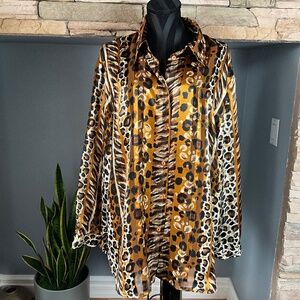 Maggie Barnes 22W Sheer Gold Metallic Leopard Blouse Art to Wear Cocktail Party